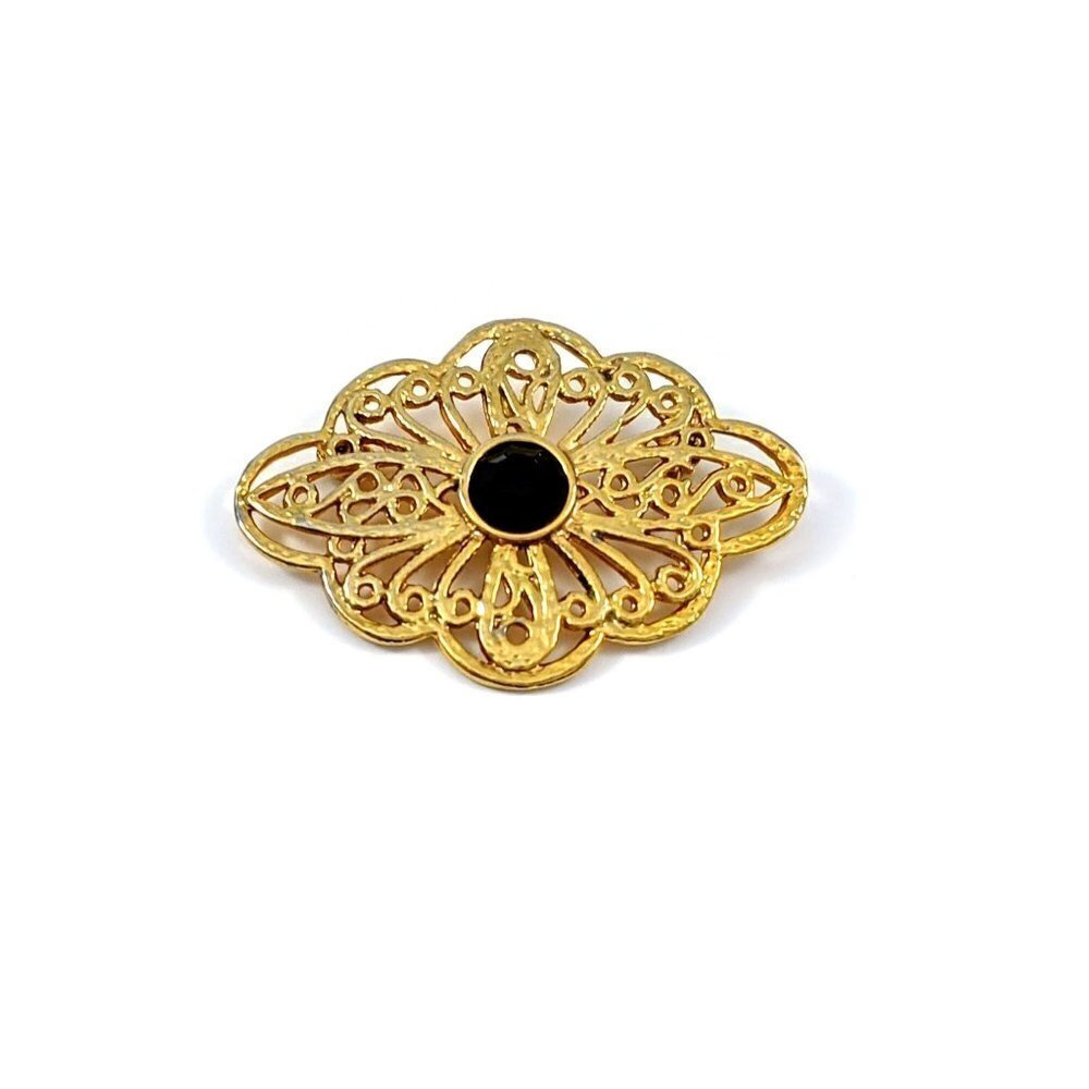 Vintage Filigree Black Rhinestone Gold Tone Brooch